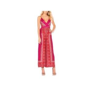 Free People Women's Jumpsuit Red Floral Wide Leg Size 0 Tie V Neck Sleeveless